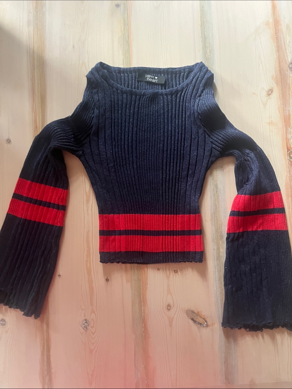 Paper Heart Navy Ribbed Sweater with Red Stripe Accents - Bell Sleeves/Cropped